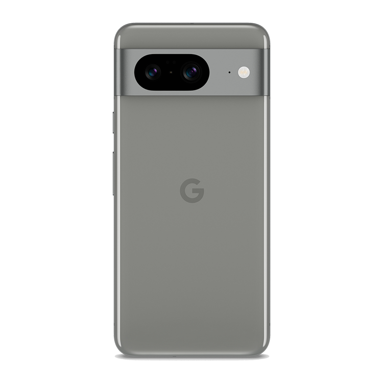 google pixel 8 couleur vert lichen vu de l’arrière, montrant l’appareil photo arrière et le logo Google